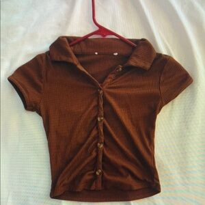 Brown Ribbed Button-Up Collared Top